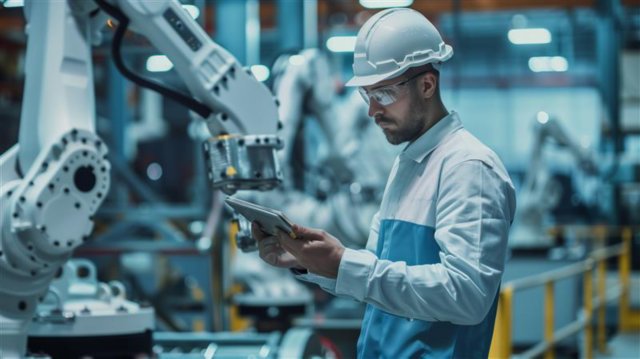 Male engineer uses tablet to manufacture equipment in a smart factory