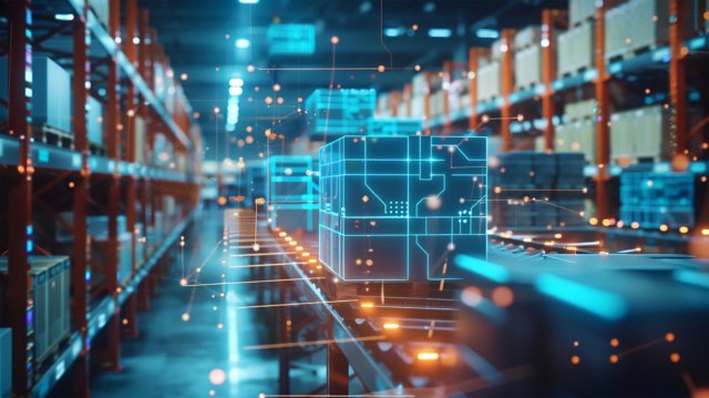 Pallets of stacked products on a factory assembly line are being scanned with an AI artificial intelligence vision inspection camera, FactoryTalk Analytics VisionAI