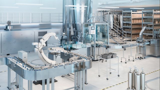 Representación en 3D de una planta de fabricación automática de medicamentos. Brazo robótico que trabaja en una línea de producción de fabricación de medicamentos.